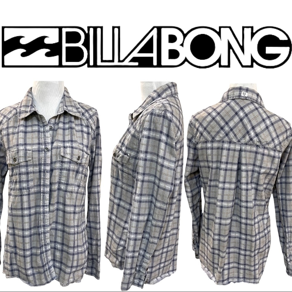 Billabong Women's Gray and White Checkered Button Down Shirt